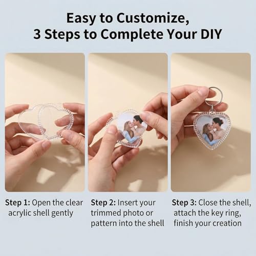 25Pcs Acrylic Photo Keychain Snap-in Keychain Double Sided Blank Custom Frames Heart-Shaped Clear Insert Photo Picture Frame with Keyring Christmas Ornaments Keyring Holder(Embossed Edges)