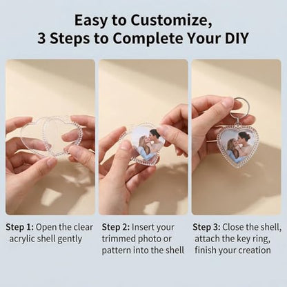 25Pcs Acrylic Photo Keychain Snap-in Keychain Double Sided Blank Custom Frames Heart-Shaped Clear Insert Photo Picture Frame with Keyring Christmas Ornaments Keyring Holder(Embossed Edges)