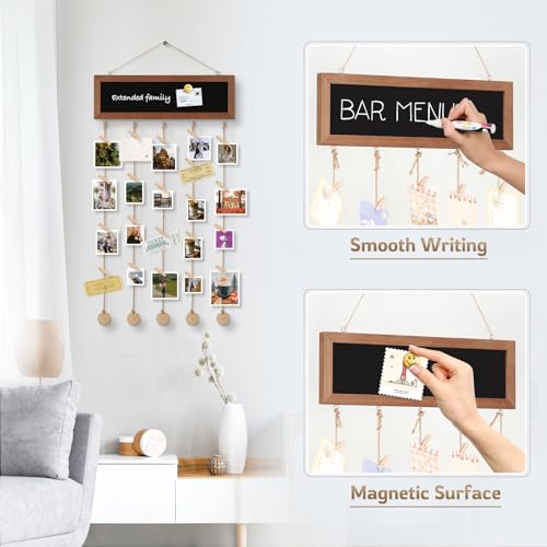 4 THOUGHT Picture Frame Collage Hanging Photo Display Board, 15.7" x 5" | Blackboard, Picture Board, Wooden Rustic Frame, Wall Decor, Includes 30 Clips