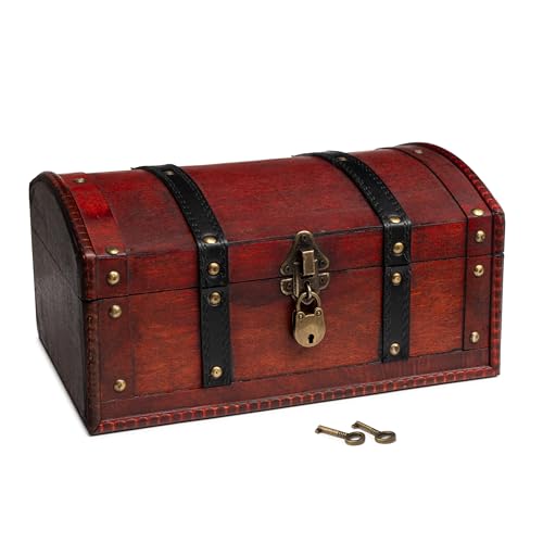 Red Wooden Treasure Chest Box, Lockable Vintage Keepsake Trunk, 11.8x8x6 in