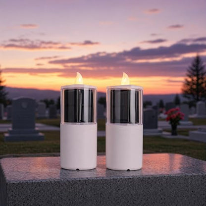 OURMEMEMO Solar Cemetery Candles 2 Pack for Double Headstone Waterproof | 2-pack solar grave candles for double headstones, auto on/off, IP65 waterproof memorial decor - size: 2