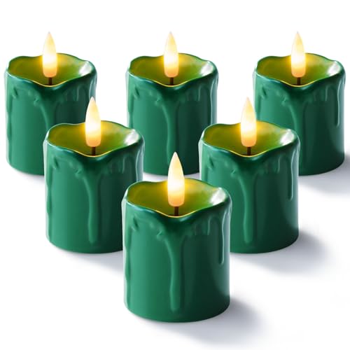 Homemory 2"x 2" Green 6 Hour Timer Flameless Votive Candles, 6 Pack | Battery operated, 400+ hours runtime, flickering flame, 3D wick fake candle for christmas decor & St. patrick's day party - color: Green