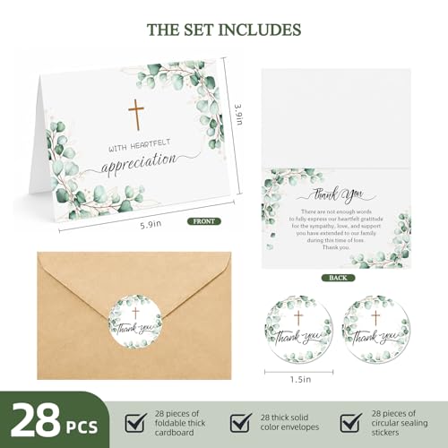28 Pack Funeral Thank You Cards with Envelopes & Stickers, 6x8 Inches Foldable, Sympathy Bereavement Notes with Message Inside, Suitable for Memorial Services (Style 2)