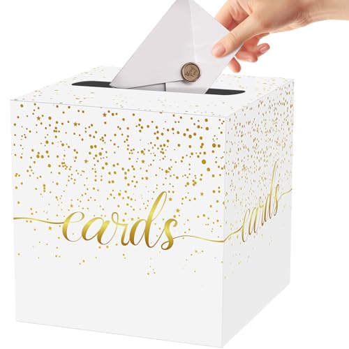 White and Gold Card Box for Party, Wedding, Grad, Baby Shower | Box for Cards, Envelope, Raffle Ticket, Ballot, Money Receiving; 8.7 x 8.7 x 8.7 Inch Gift Card Box for Grad Party Decoration - color: White Polka Dot