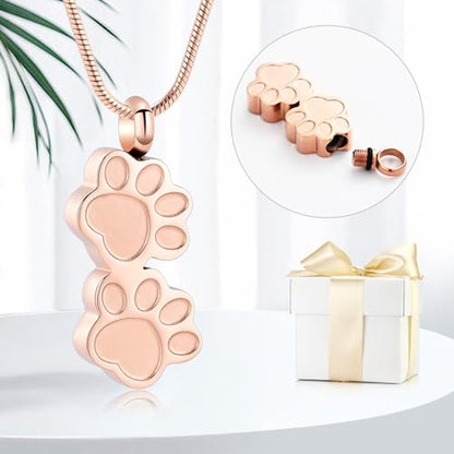 Pet Urns For Dogs/Cats - Pet Ashes Necklace - Paw Print Urn Necklace with Mini Keepsake Urn Memorial Ash Jewelry - color: Rose Gold