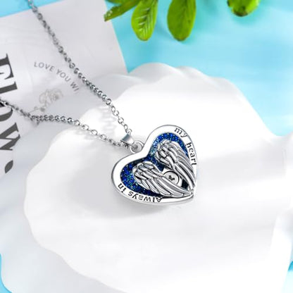 MeiceM Heart Crystal Urn Necklace for Ashes A Piece Of My Heart Lives In Heaven Cremation Jewelry Angel Wings Memorial Keepsake Pendant - color: white gold plated