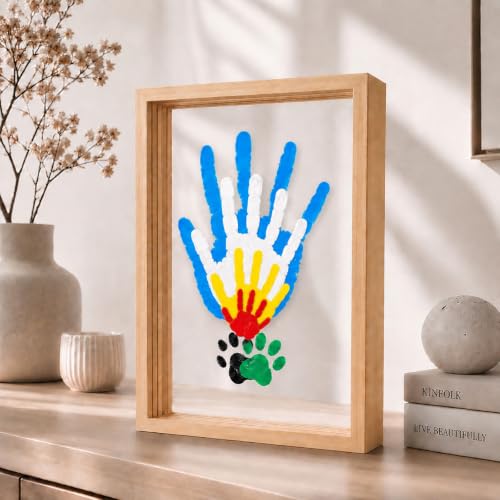 Family Handprint Kit for 4 – Wooden Frame with 4 Acrylic Boards, DIY Keepsake Art for Baby, Pet & Family, Non-Toxic Washable Paint Hand Mold Memory Gift - Brown - color: Brown