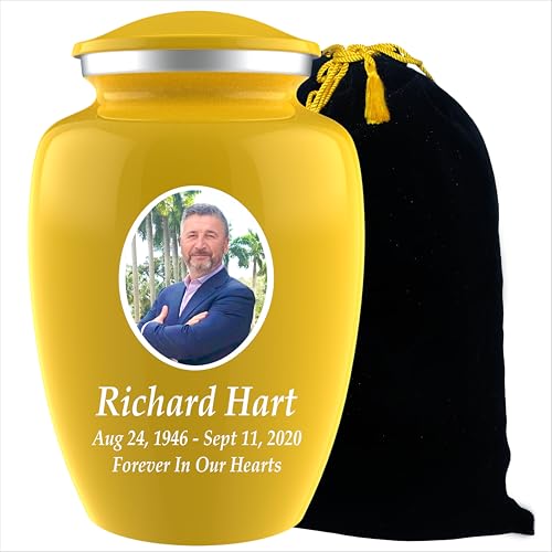 Personalized Photo Cremation Urns for Adult Ashes Male Female - 200lbs Custom Photo Burial Urns for Human Ashes - Engraved Handcrafted Funeral Decorative Urns for Adult with Velvet Bag, Yellow