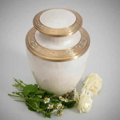 Family Tribute Eco-Friendly White & Gold Cremation Urn for Ashes Set – Large Adult Funeral Urn (220lbs) with 4 Small Urns & 1 Memorial Necklaces (White & Gold Premium URN Set, URN Set) - color: White & Gold Premium Urn Set