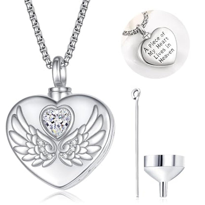 TANGPOET Urn Necklace for Human Pet Ashes for Women Men 925 Sterling Silver Urn Pendant Cremation Jewelry Necklace for Ashes of Loved One Memorial Keepsake - style: Heart-Angel Wings