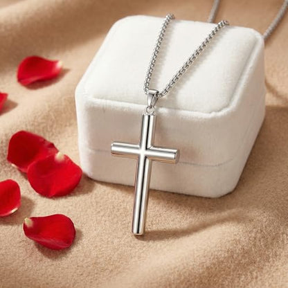 925 Sterling Silver Cross Necklace for Men & Women Crucifix Jesus/Cross Pendant with 22"+2" Stainless Steel Chain Jewelry Gift for Christmas, Father's Day, Mother's Day, Birthday-Gift Box Included - style: A03 Cross