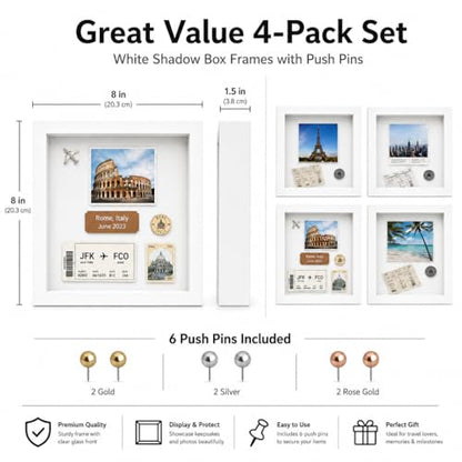 4 Pack Shadow Box Frame Display Cases, 8"x 8" Wood Deep Black Handicrafts Shadowbox Picture Frame for Flowers Jersey Baby Wedding Dress (White) - color: White, size: 8X8