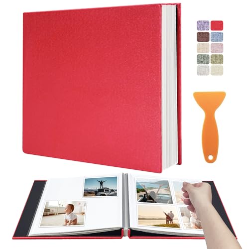 Large Photo Album Self Adhesive Scrapbook Album for 4×6 5×7 8×10 Pictures DIY Magnetic Linen Cover Album 40 Pages for Family Wedding Gifts with Metal Pen and Plastic Board, Dark Red - color: Dark Red, size: 11"x10.6"40Pages