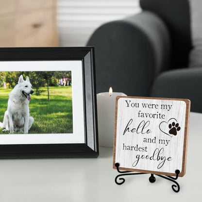 Pet Sympathy Gift for Women, Desk Shelf Decor for Loss of Loved One, 5×5 | Remembrance of Dog Cat, Condolence Gifts for Friend, Pet Memorial Bereavement Healing Keepsake for Dog Loss, Wooden Sign - style: Hello goodbye