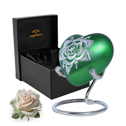 Rose Heart Keepsake Urn for Human Ashes Floral Mini Memorial Urn with Stand & Velvet Gift Box (Green) - color: Green