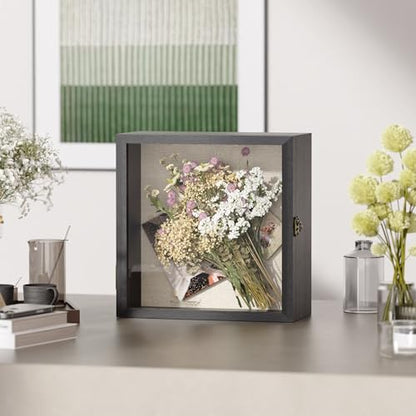 11x11 Shadow Box Frame with Acrylic Glass, Deep Large Shadow Boxes Display Cases for Tabletop and Wall Display, Memory Box for Keepsakes, Shadow Box for Flowers, Black with Linen Back - size: 11x11in