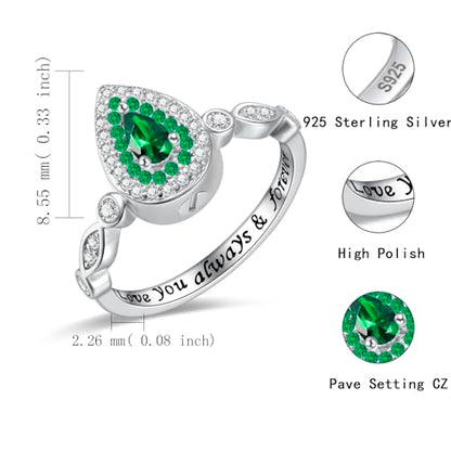 Sariel Teardrop Cremation Ring for Ashes - 925 Sterling Silver Urn Keepake Rings Memorial Jewelry for Women - color: Green