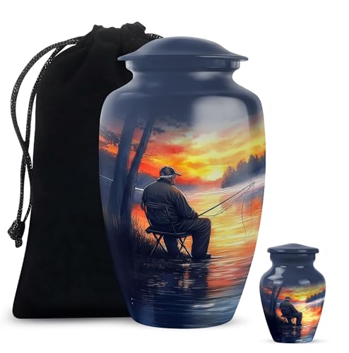 Memorial Urns for Human Ashes, Fishing Keepsake Urn for Ash, Adult Funeral Remains, Decorative Gift for Male & Female, Combo, Grey (10 Inch & 3 Inch Mini) - color: Fishing Urn -4, size: 10"+3"Combo-1