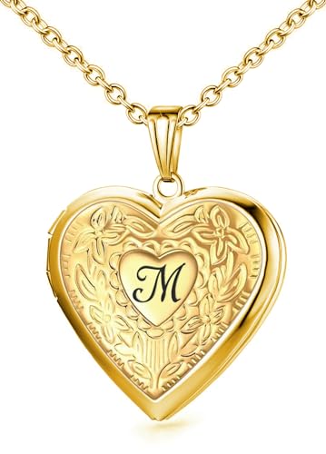 Locket Necklace Holds Pictures Alphabet Initial Letter Love Heart Lockets Photo Memory Locket Necklaces Birthday Gifts - color: Gold, style: M