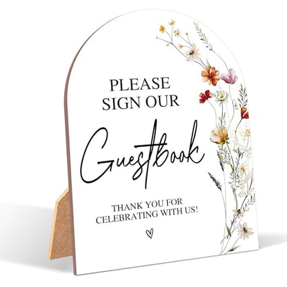Wildflower Please Sign Our Guestbook Sign, Wedding Ceremony Signs, 6 x 8 Inch Arch Wooden Tabletop Sign with Stand, Wedding Reception Decoration Supplies (AG02) - color: Please Sign Our Guestbook