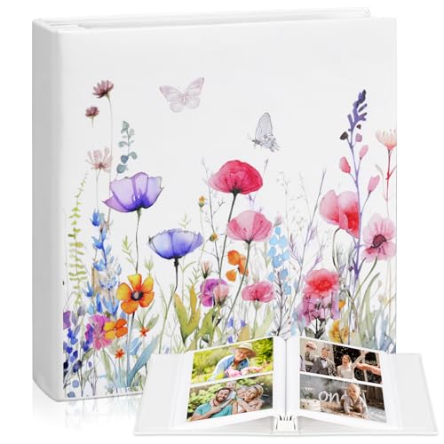 Dunzoom Wildflower Photo Album Mother's Day Souvenirs Gifts 200 Pcs 4 x 6 Inch Leather Floral Botanical Design Memory Book for Women Couples Wedding Anniversary Hardcover Scrapbook Album - style: Wildflowers