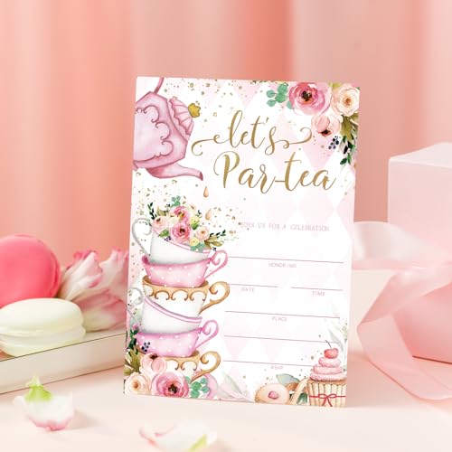 Whaline 25 Packs Tea Party Invitations 5 x 7 Inch Floral Fill-In Invitation Cards with Envelopes Stickers Sweet Dessert Blank Invites for Party Tea Time Birthday Supplies - style: Tea Party