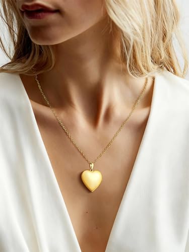 FindChic Locket Necklace for Women Custom Photo Memorial Gifts Multi-Shaped | Silver/Black/Rose Gold/Gold Plated Personalized Gifts for Loved Ones, Birthday Valentine's Day Keepsake - color: Gold- Polished Heart