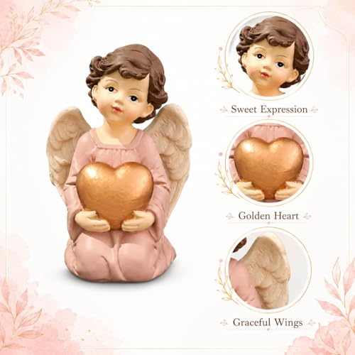 Guardian Angel Figurine Holding Gold Heart | Painted Resin Keepsake For Mom, Daughter, Sister, Friend, Desk, Shelf, Nightstand, Prayer Corner And Gift Occasions - size: 3.7"H