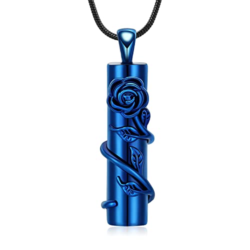 Rose Flower Urn Necklace Cylinder Bar Urn Necklace for Ashes Pendant Necklace Keepsake for Ashes Memory Keepsake Cremation Jewelry for Women Memorial - color: Blue