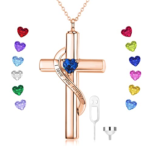 SOULMEET Crystal Cross Necklace for Ashes, Sterling Silver I Love You Forever Birthstone Cross Urn Necklaces for Ashes Keepsake Cremation Jewelry for Pet Human Ashes - style: M-Custom Real Rose Gold & Birthstone