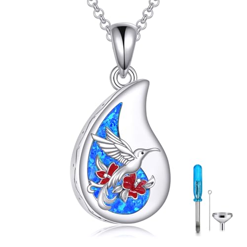 925 Sterling Silver Urn Necklace for Ashes, Teardrop/Tree of Life/Sunflower/Dragonfly/Sea Turtle/Celtic Knot/Elephant/Hummingbird Memorial Cremation Pendant Necklaces for Animal Human Ashes - color: J: Hummingbird