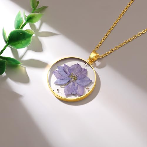 AUNTESIGN Forget-Me-Not and Queen Anne's Lace Pressed Wildflower Necklace | Birth Month Flowers Necklace | Gold/Silver Pressed Flower Jewelry | Mother's Day | Gift For Her - color: Larkspur Necklace(July Birth Flower)