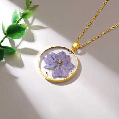 AUNTESIGN Forget-Me-Not and Queen Anne's Lace Pressed Wildflower Necklace | Birth Month Flowers Necklace | Gold/Silver Pressed Flower Jewelry | Mother's Day | Gift For Her - color: Larkspur Necklace(July Birth Flower)