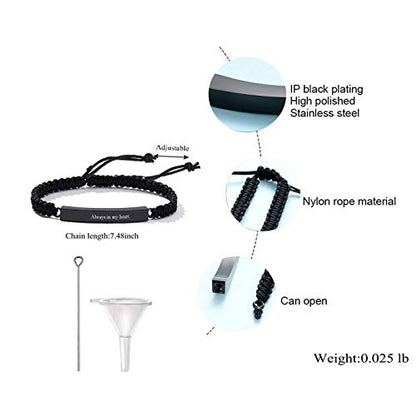 Urn Bracelet for Ashes Cremation Jewelry Braided Rope Adjustable Bangle Stainless Steel Memorial Bracelets Ash Holder Keepsake Jewelry-Always in My Heart - color: 2pcs-Silver/Black