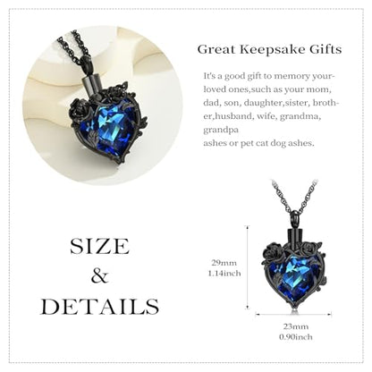 Cremation Jewelry for Ashes Rose Flower Urn Necklace with Crystal Heart Ashes Pendant Butterfly Necklaces for Women Men Memorial Keepsake Jewelry Gift - color: Black-blue