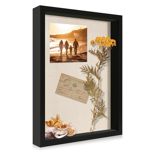 12x16 Large Shadow Box Picture Frame Display Case with Soft Linen Back, Black Wooden Memory Shadow Box Frame with Tempered Glass Cover for Wall Display - color: Black, size: 12x16