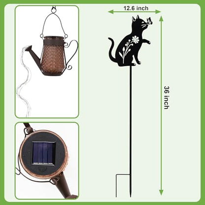 Solar Watering Can Light Cat Stake 36in Garden Waterfall LED Outdoor Art - color: Cat Watering Can