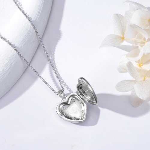 Heart Locket Necklace 925 Sterling Silver Personalized Picture Locket Pendant Birthday Christmas Jewelry Memorial Gifts for Women - color: Silver with Blue