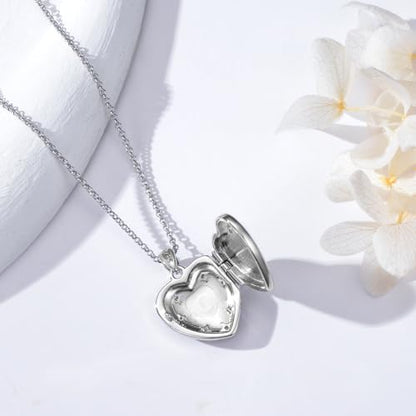 Heart Locket Necklace 925 Sterling Silver Personalized Picture Locket Pendant Birthday Christmas Jewelry Memorial Gifts for Women - color: Silver with Blue