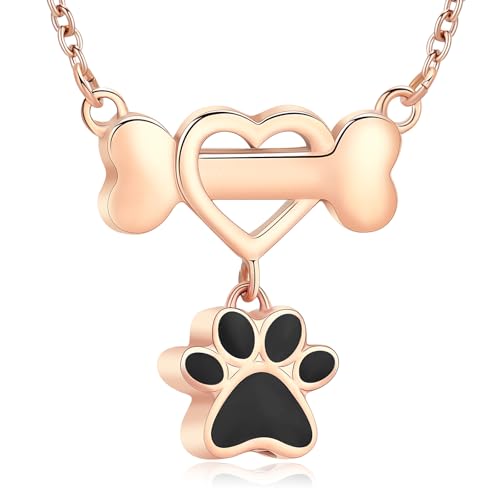 constantlife Paw Print & Bone Pendant Urn Necklace for Pet Ashes | Mini cremation jewelry, stainless steel material, for women men dog lovers, waterproof, with a filling tool kit - color: Rose gold