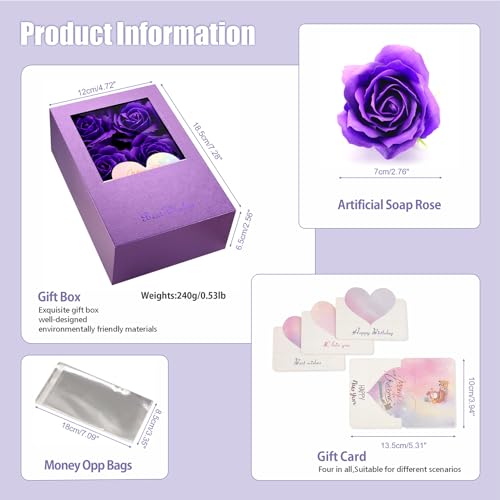 Money Box for Cash Gift Pull, Money Gift Boxes for Cash on Birthday, Christmas, Graduation, Mother's Day, for Husband, Wife, Girlfriend, Mother With Soap Rose Flower and Greeting Cards - Purple - color: Purple