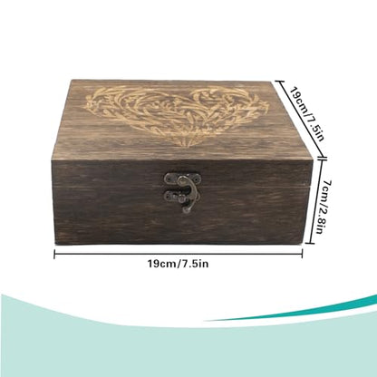 Wooden Memory Keepsake Box with Lid, Floral Heart Engraved Keepsake Box Decorative Storage Case For Photos Letter Time Capsule, 7.7 x 7.7 x 2.7 Inches