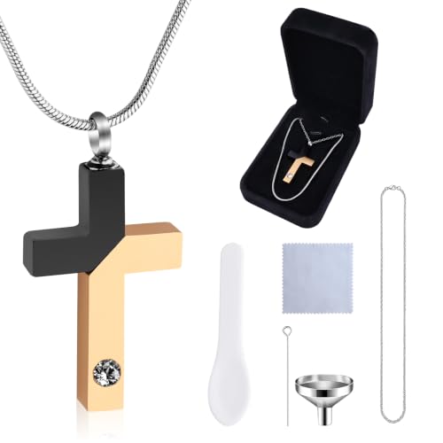 Cremation Cross Pendant for Ashes Two-Tone Symbolic, Stainless Steel Faith-Inspired Cross Necklace, Fashion Daily Wear Accessory, All Ages Religious Gothic Jewelry, Ideal Birthday Gift for Men Women - color: Black Gold