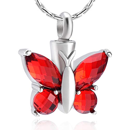 constantlife Cremation Jewelry for Ashes, Crystal Stone Butterfly Shape Stainless Steel Pendant Urn Necklace Keepsake for Women - color: Red