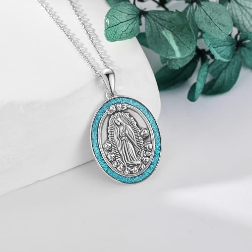 YAFEINI Virgen De Guadalupe Necklace 925 Sterling Silver Mother Mary Necklace Virgencita Jewelry Thanksgiving Day Gifts for Women - style: Turquoise2