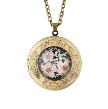 Handmade Oval Shaped Photo Locket with dried Pressed Flowers Locket pendant Necklace - style: Round Pink Forget Me Not