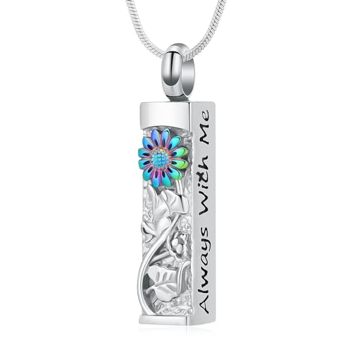 Flower Celtic Cremation Jewelry for Women Men Cylinder Bar Sunflower Urn Necklace for Ashes Pendant Necklace Vial Memorial Keepsake Jewelry for Ashes Necklace of Loved Ones - color: Silver&Rainbow