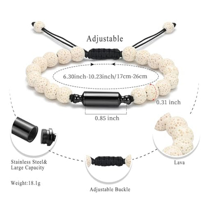 Oinsi Lava Rock Bracelet With Tube Memorial Urn Jewelry For Ashes Of Loved Ones Keepsake Cremation Bracelet Women Men Adjustable Length - color: White