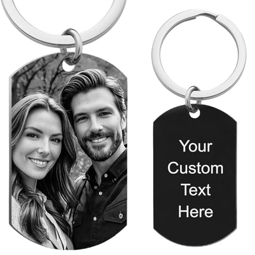 Photo Keychain Custom Picture Keychain Customized Gifts Laser-Engraved/Color Gifts For Boyfriend Hubsand Wife - color: Engraving (Black&white): Photo + Text (Key Ring / Black)