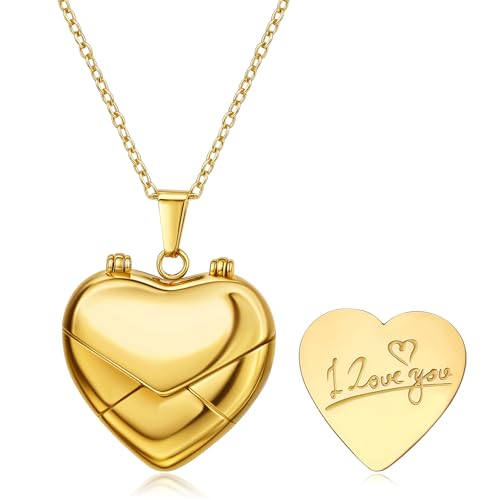 Gold Locket Necklace for Women Vintage, Heart Star Moon Butterfly Angel Holds Picture Photo Oval Locket Pendant Memorial Necklace Personalized Celestial Jewelry Birthday Gifts - style: Heart Envelope